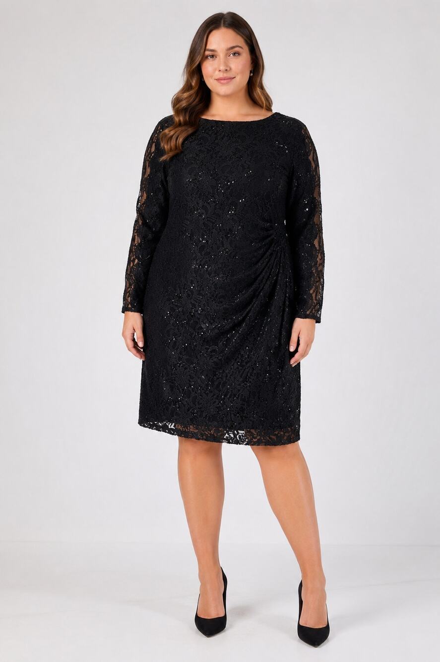 Lauren Ralph Lauren Long Sleeve Lace Sequin Cocktail Dress Black Women Size 16W